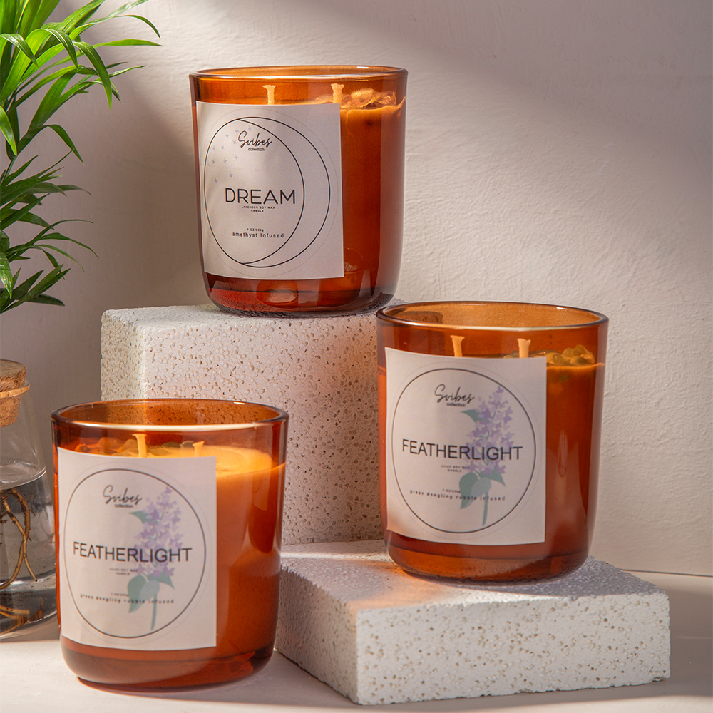 Minimalism Customized Home Decor Amber Brown Glass Crystal Aromatherapy Soybean Beeswax Scented Candles
