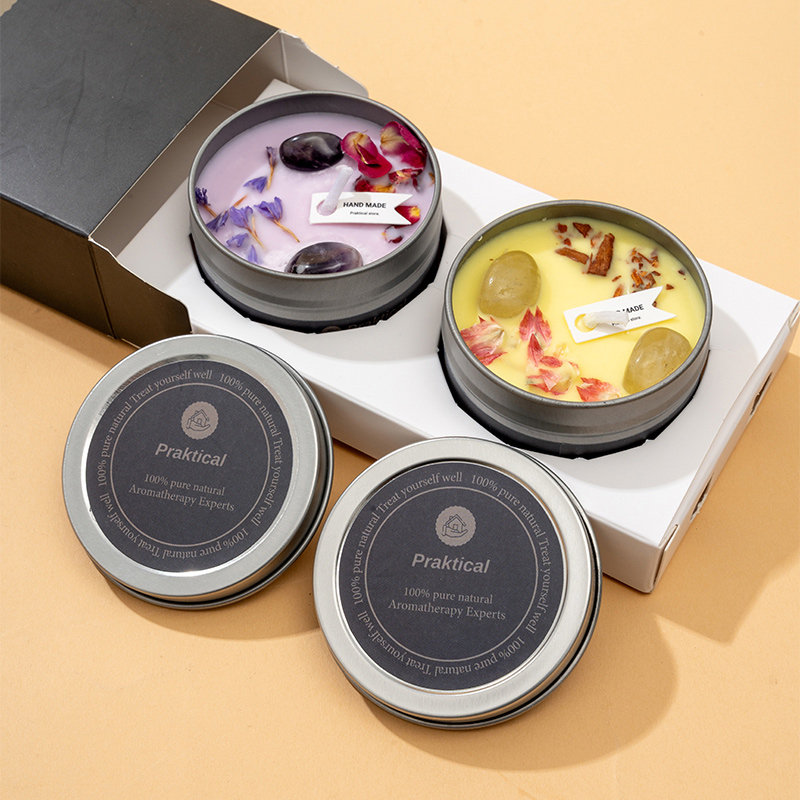 AIKUN Customizable Crystal Stones Fresh Petals Eco-Friendly Fragrance Tin Aroma Candle Gift Box for Home Decor