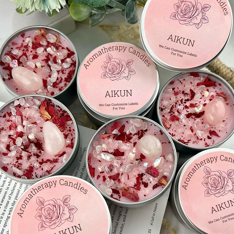 AIKUN Tin Jar Cans Candle Luxury Scent Lovers Pink Crystal Stone Scented Candle for Wedding Souvenir