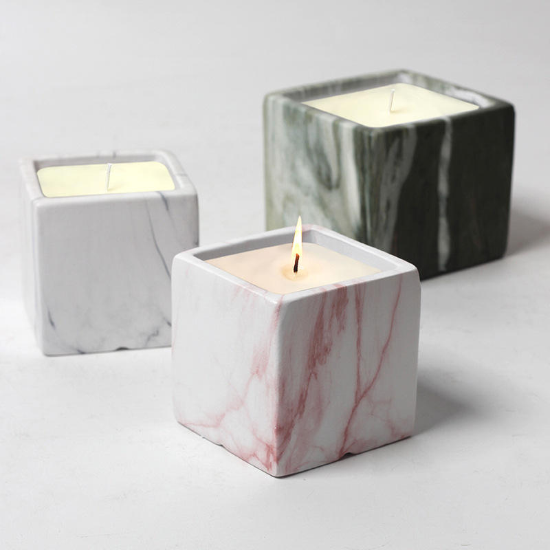 AIKUN Custom Luxury Cement Wood Marble Vessel Candle Jars Ceramic Square Scented Fragrance Soy Wax Candle for Home Decoratio