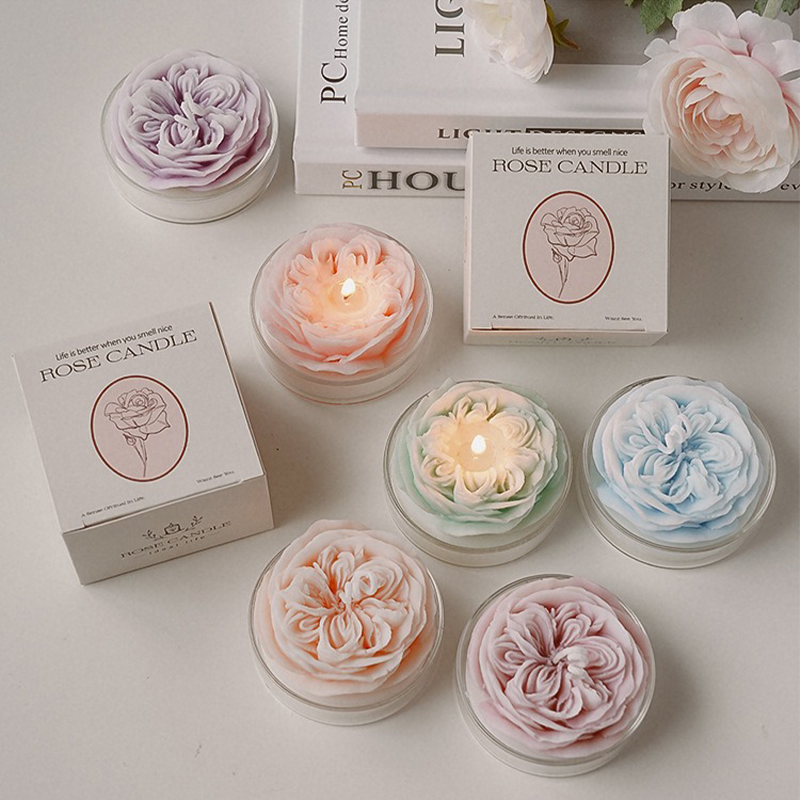 AIKUN Wholesale Gift Boxes Austin Roses Scented Candles Glass Base Decorative Soy Wax Flowers Shaped Candle