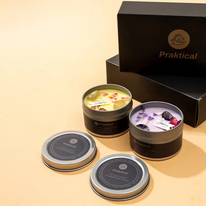 AIKUN Customizable Crystal Stones Fresh Petals Eco-Friendly Fragrance Tin Aroma Candle Gift Box for Home Decor