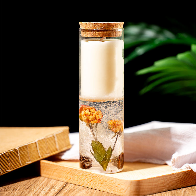 Luxury Custom Round Glass Double Layer Jelly Gel Wax Candle Dried Flower Cork Lid Dried Flower Scented Jelly Jar Glass Candles