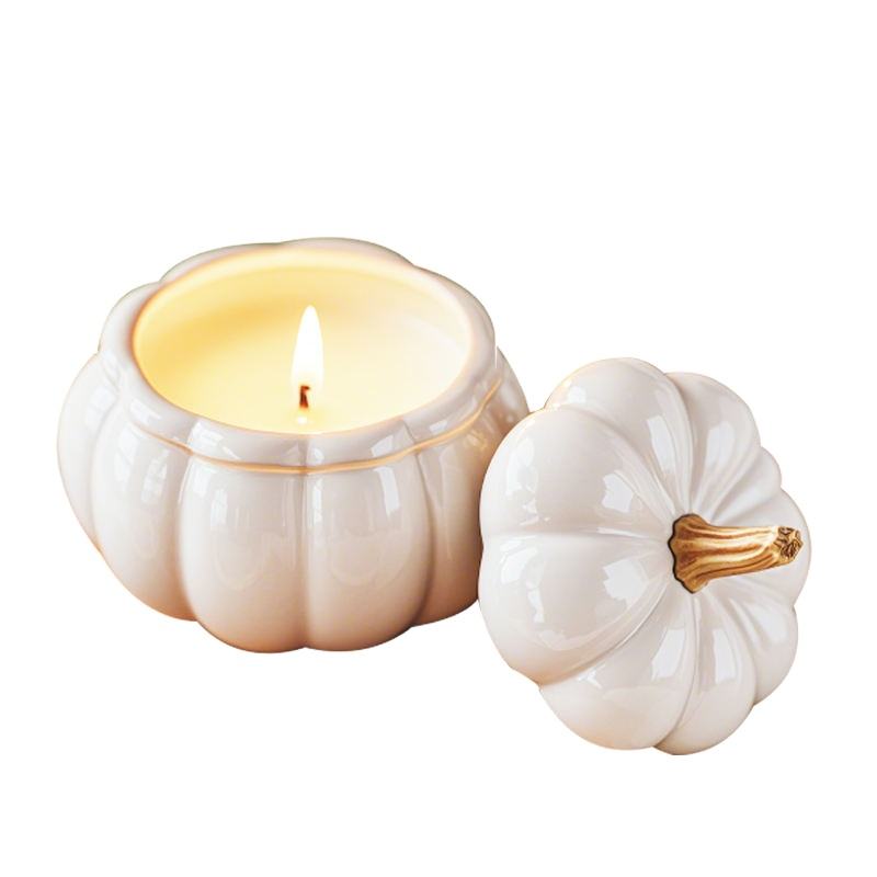 Aikun Ceramic Porcelain Wholesale Nordic Small Poettery Candle Jars Bulk Pumpkin Scented Big Embossed Candle Jar With Lid