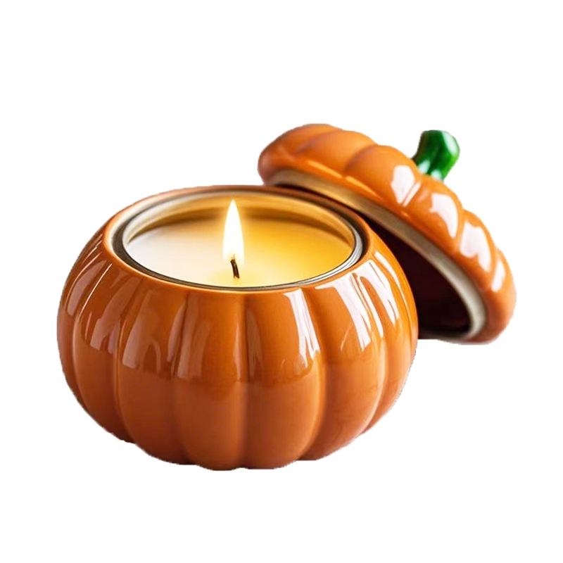 Aikun Ceramic Porcelain Wholesale Nordic Small Poettery Candle Jars Bulk Pumpkin Scented Big Embossed Candle Jar With Lid