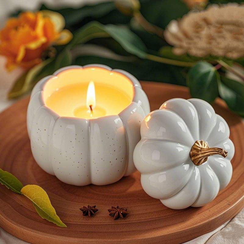 Aikun Ceramic Porcelain Wholesale Nordic Small Poettery Candle Jars Bulk Pumpkin Scented Big Embossed Candle Jar With Lid