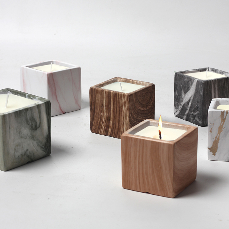 AIKUN Custom Luxury Cement Wood Marble Vessel Candle Jars Ceramic Square Scented Fragrance Soy Wax Candle for Home Decoratio
