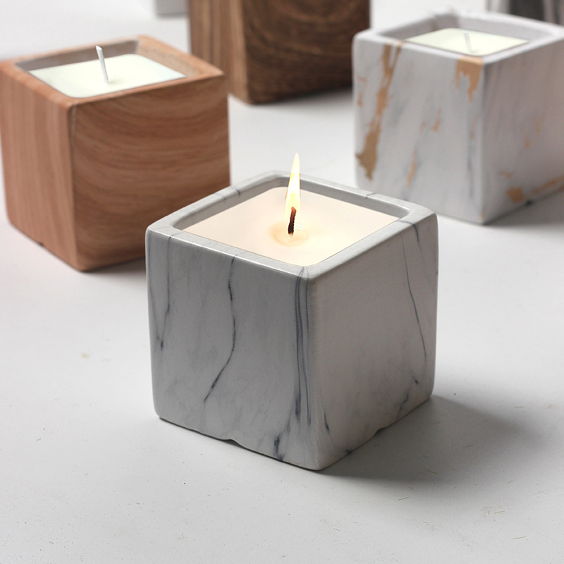AIKUN Custom Luxury Cement Wood Marble Vessel Candle Jars Ceramic Square Scented Fragrance Soy Wax Candle for Home Decoratio