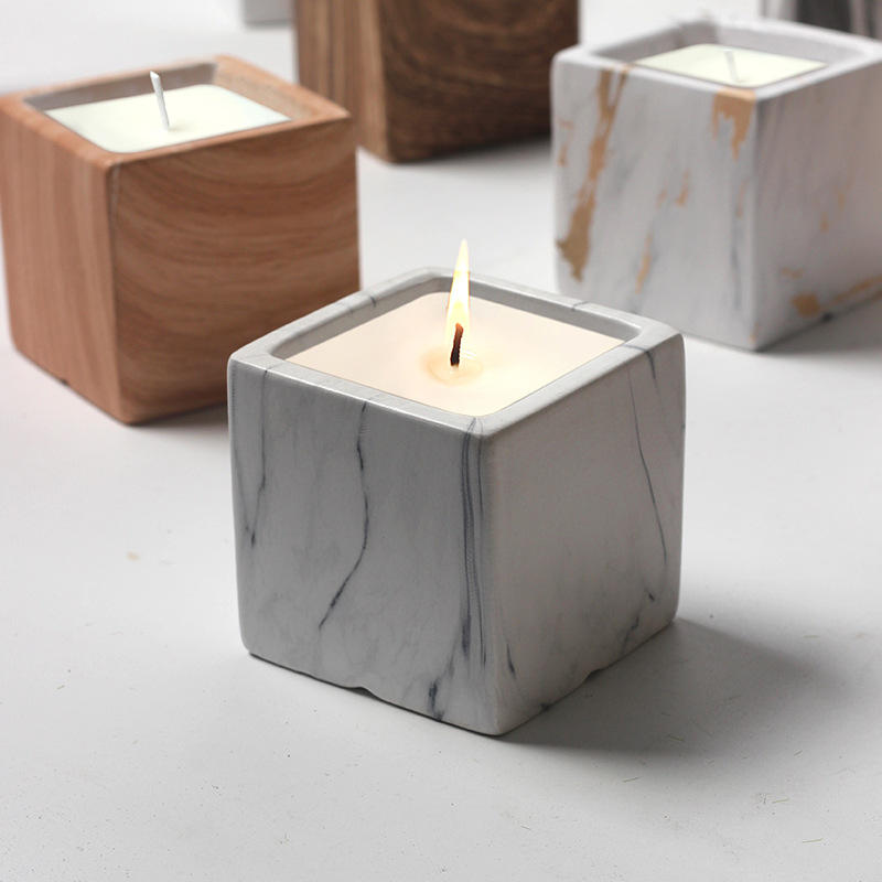 AIKUN Custom Luxury Cement Wood Marble Vessel Candle Jars Ceramic Square Scented Fragrance Soy Wax Candle for Home Decoratio