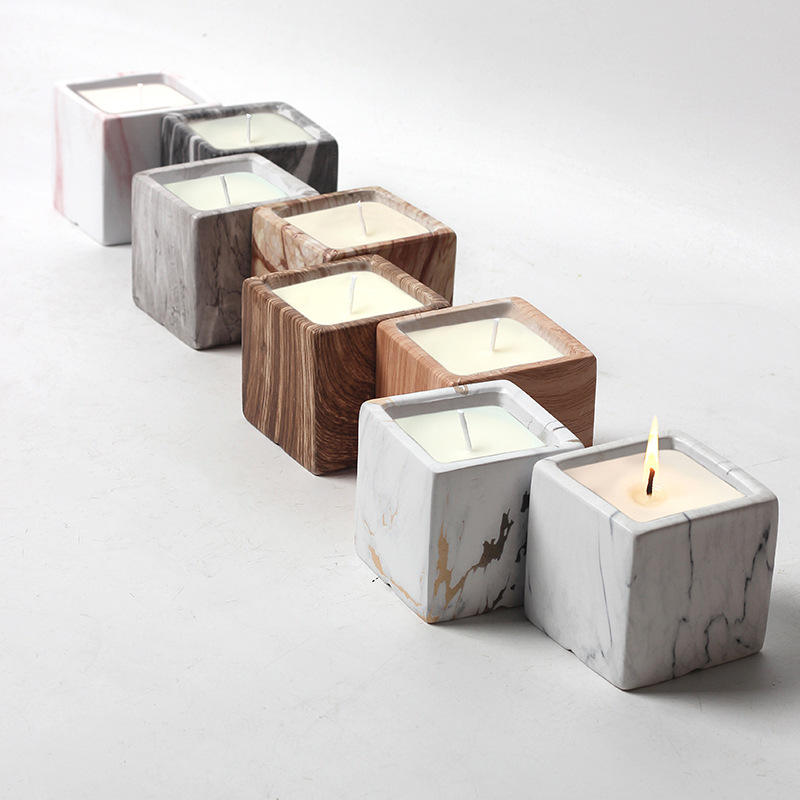 AIKUN Custom Luxury Cement Wood Marble Vessel Candle Jars Ceramic Square Scented Fragrance Soy Wax Candle for Home Decoratio