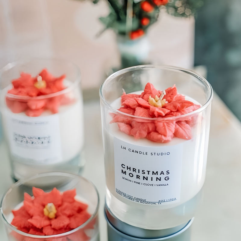 Luxury Christmas Glass Candle Jars Handmade Soy Wax Aromatherapy Candle with Red Flower Decoration for Home Decor