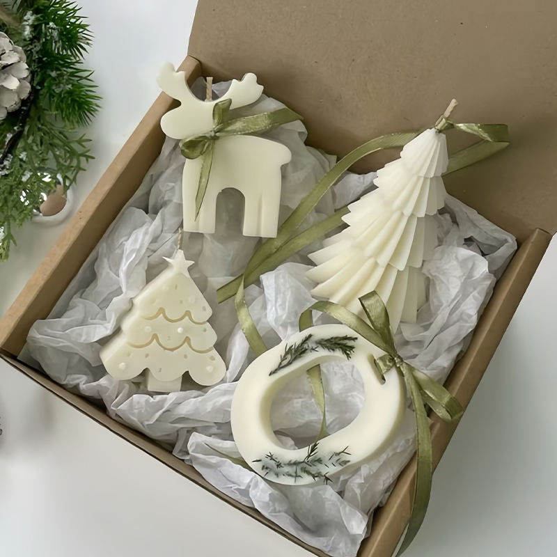 Customizable Christmas Candle Gift Set Soy Wax Snowflake Shaped Festive Holiday Decor with pink Butterfly Knot