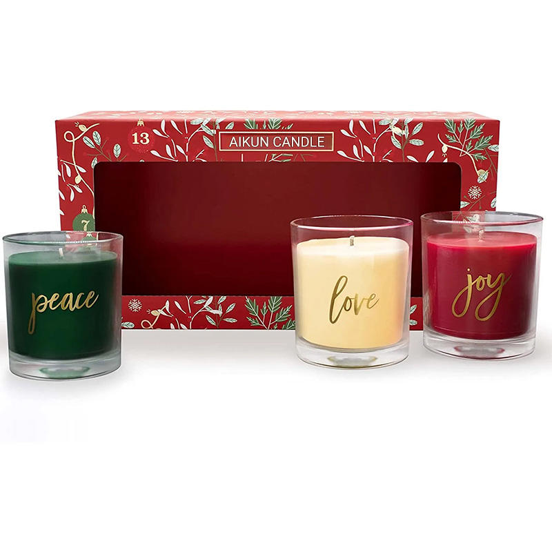 AIKUN Customized Fragrance Aroma Christmas 3 in 1 Gift Box Wholesale Luxury Collection Cup Glass Scented Candles Gift