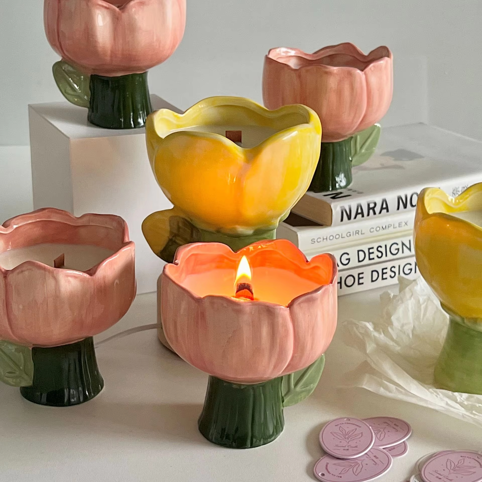 Tulip Ceramic Aromatherapy Candle Cute Female Birthday Gift Box Decoration Long Lasting Incense in Bedroom Scented Candles